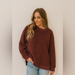 LOFT Textured Boucle Sherpa Cozy Pullover Sweater – Burgundy (Size M)